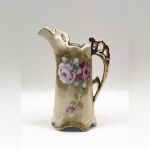 Antique RS Prussia Cream Pitcher Pink Roses with Gold Handle, Original
